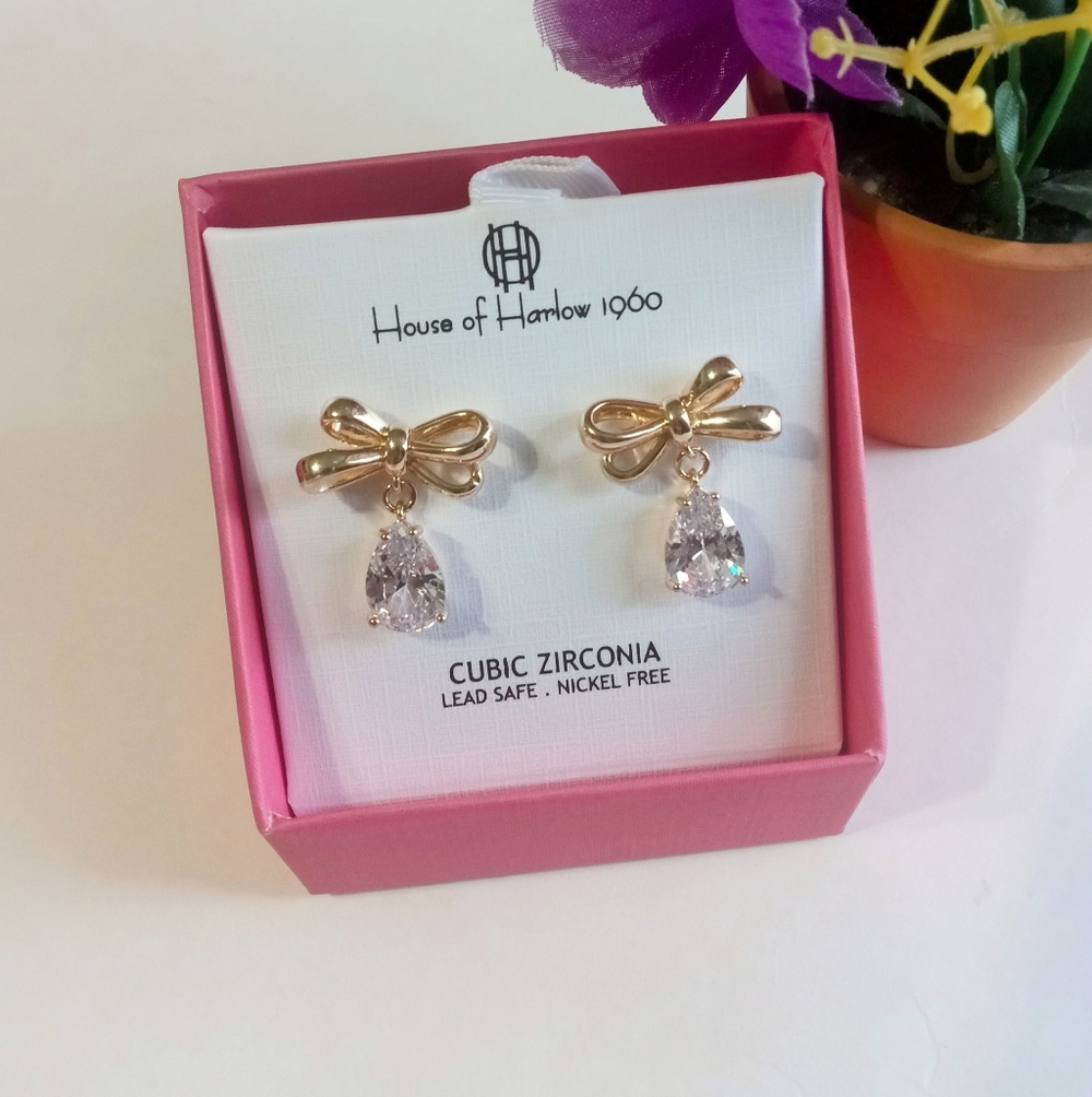 House Of Harlow Crystal Bow Teardrop Earrings New Cubic Zirconia - Picture 2 of 4